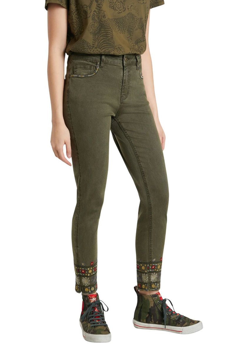 Spodnie damskie Desigual Delfos zielone z haftem-XS