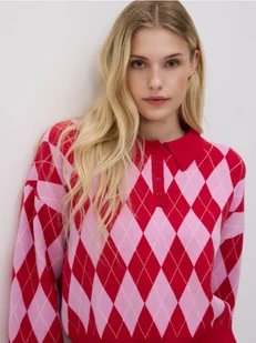 Reserved - Wzorzysty sweter z kołnierzykiem - wielobarwny - Swetry damskie - miniaturka - grafika 1