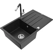 Zlewozmywaki z baterią - Mexen Bruno zlewozmywak granitowy 1-komorowy z ociekaczem i baterią kuchenną Flora, czarny/srebrny metalik - miniaturka - grafika 1