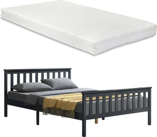 Łóżko drewniane z materacem z zimnej pianki Rama łóżka z wysokim zagłówkiem i stelażem listwowym 160x200 cm łóżko podwójne łóżko podwójne drewno sosnowe ciemnoszare [en.casa] - Łóżka - miniaturka - grafika 1