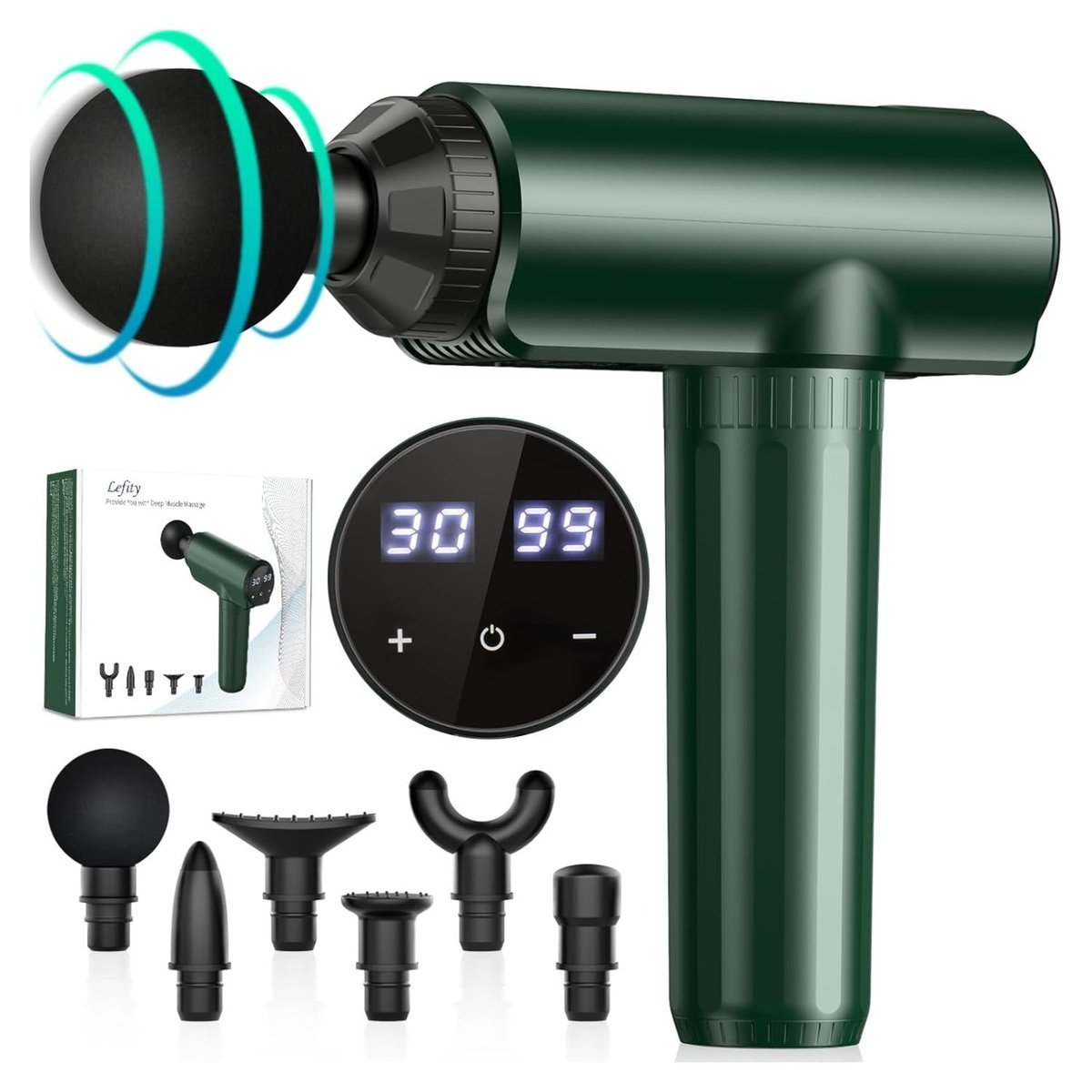 Pistolet do masażu mięśni J-Style zielony 2600 mAh 30 prędkości 6 głowic