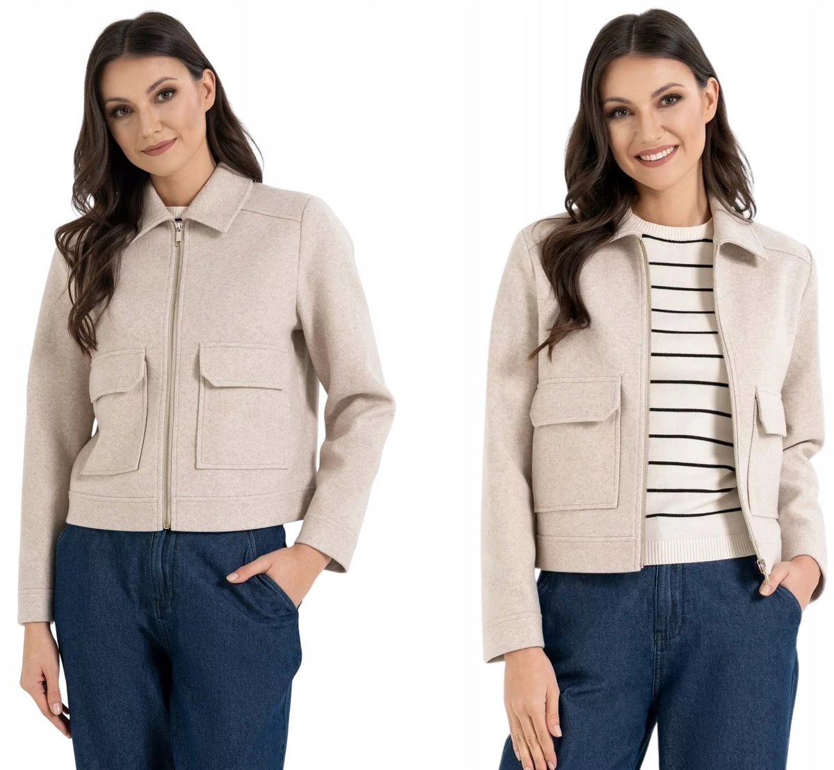 Kurtka damska bomberka z kołnierzem i kieszeniami BEŻOWA MELANŻ MORAJ XXL