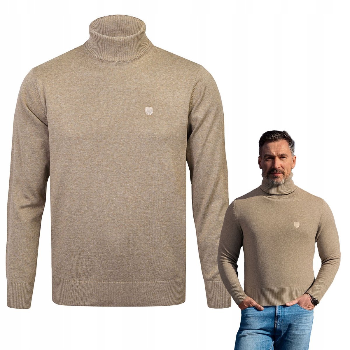 Klasyczny GOLF Sweter Męski Elegancki BEŻOWY melanż XXL Pako Jeans