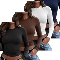 Bluzki damskie - TEMU 4 szt. Damskie Bluzy z Okrągłym Dekoltem i Długim Rękawem, Wiosna/Jesien Jednokolorowa Obcisła Uniwersalny Crop Top, Codzienny Strój,Odzież - miniaturka - grafika 1