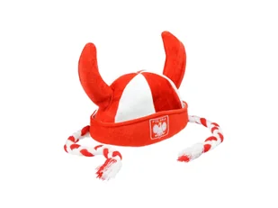 Czapka kibica rogi z warkoczami biało-czerwona - 1 szt. - Dodatki do strojów karnawałowych - miniaturka - grafika 1