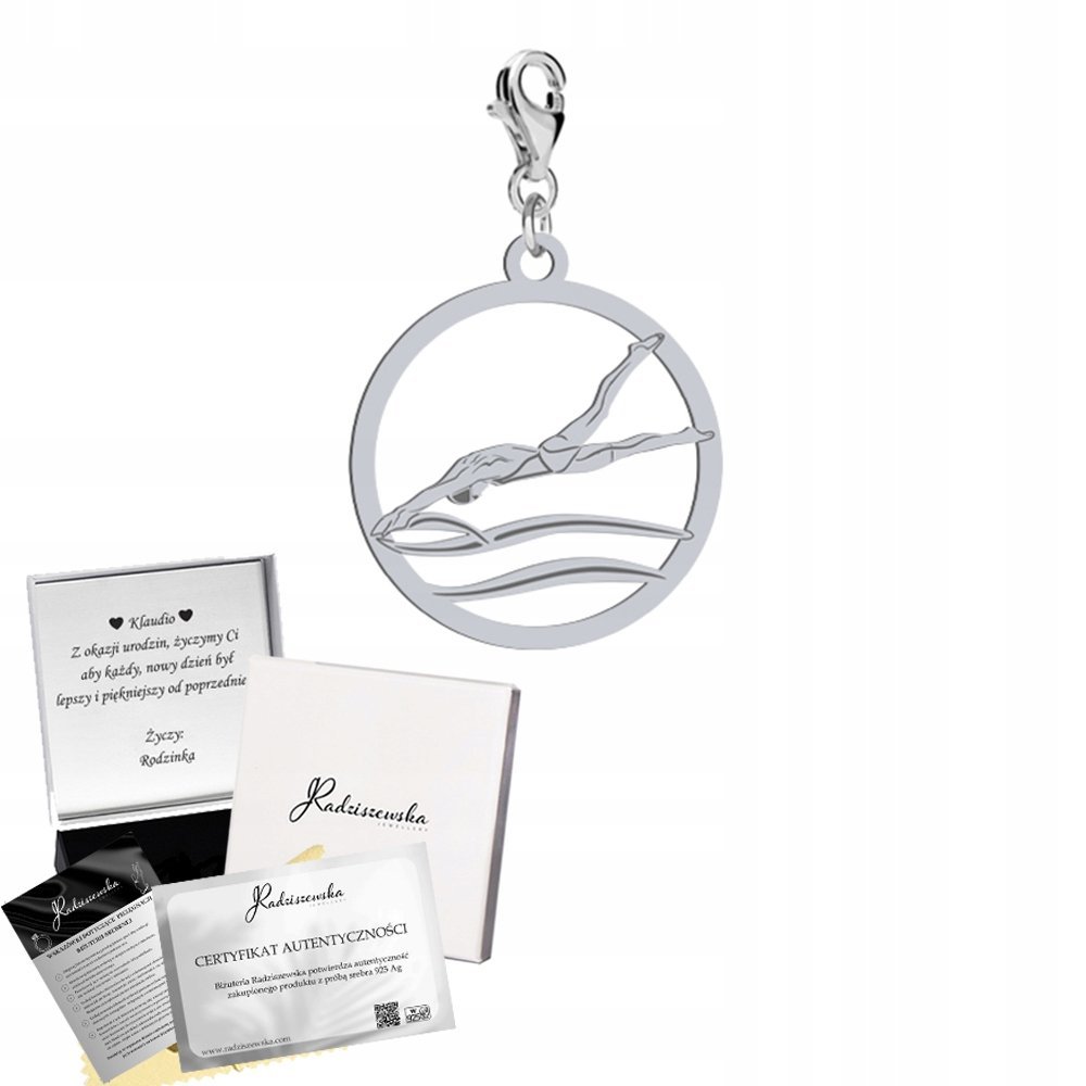 Charms Srebrny Pływak Pływanie Karabińczyk Prezent 925 DEDYKACJA GRATIS