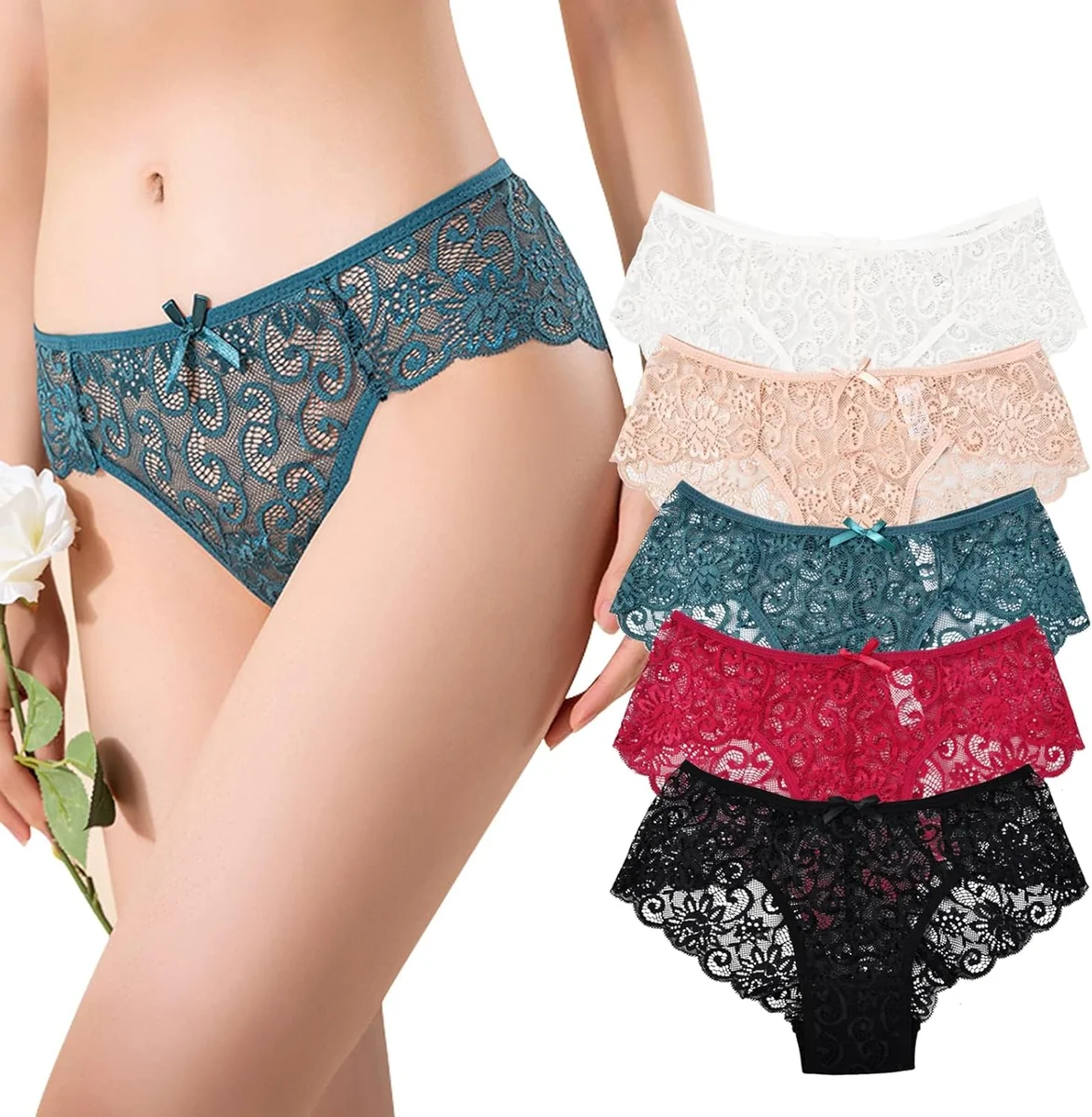 MAJTKI DAMSKIE 5 SZTUK KORONKA BIKINI BIELIZNA HIPSTER ODDYCHAJĄCE NISKIE