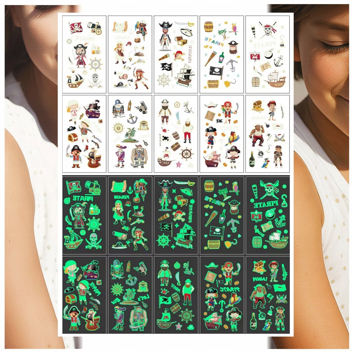 Tatuaże Zmywalne Świecące w Ciemności Piraci z Bajek 10 Wzorów