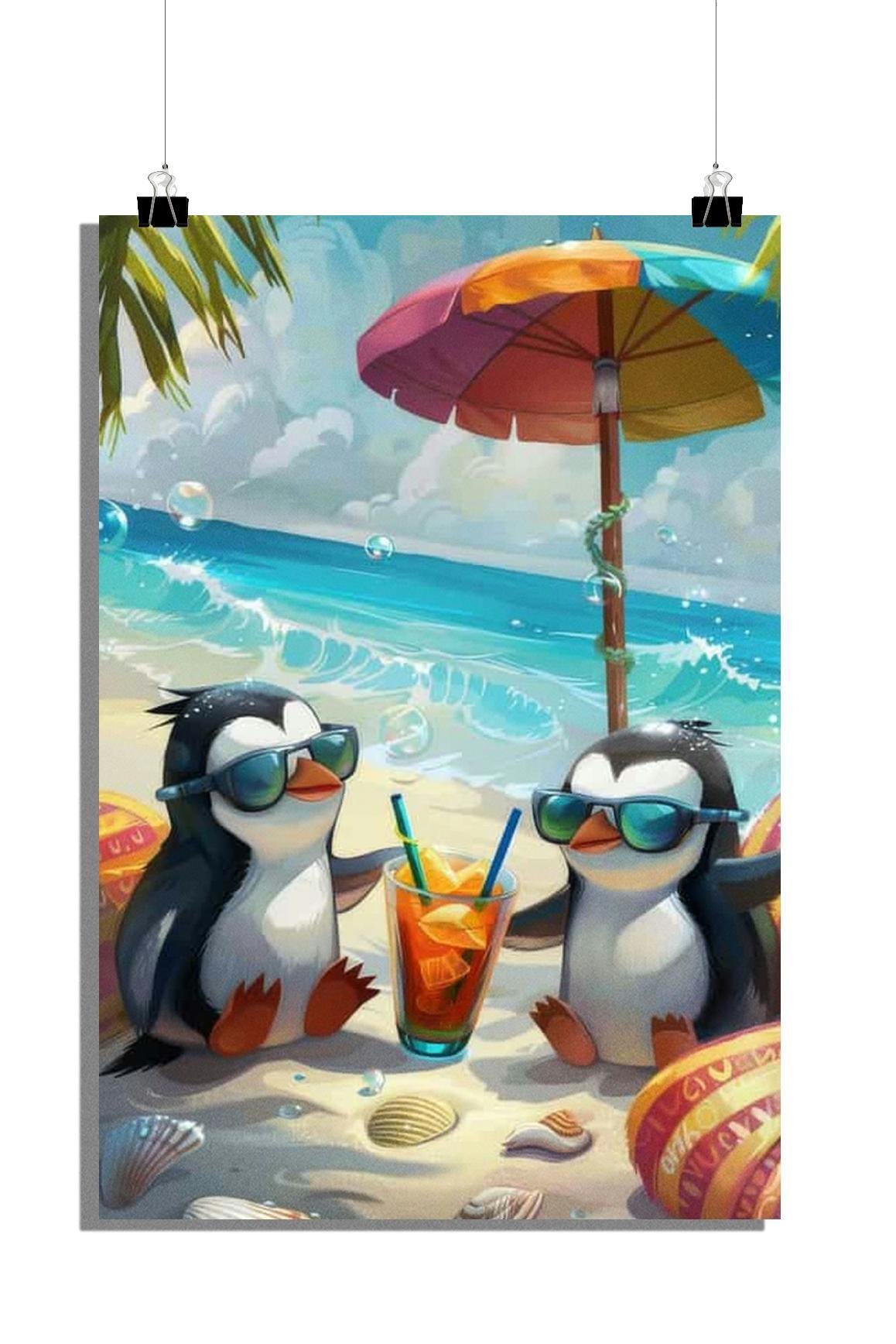 Plakat z pingwinami - Plakat plażowy - Plakat z napojami - Plakat ze zwierzętami - 61x91cm - Idealny do oprawienia w ramkę