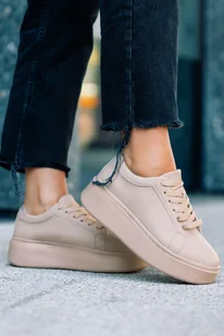 Beżowe sneakersy skórzane damskie Sergio Leone na platformie sznurowane SP024-CA - Półbuty damskie - miniaturka - grafika 1
