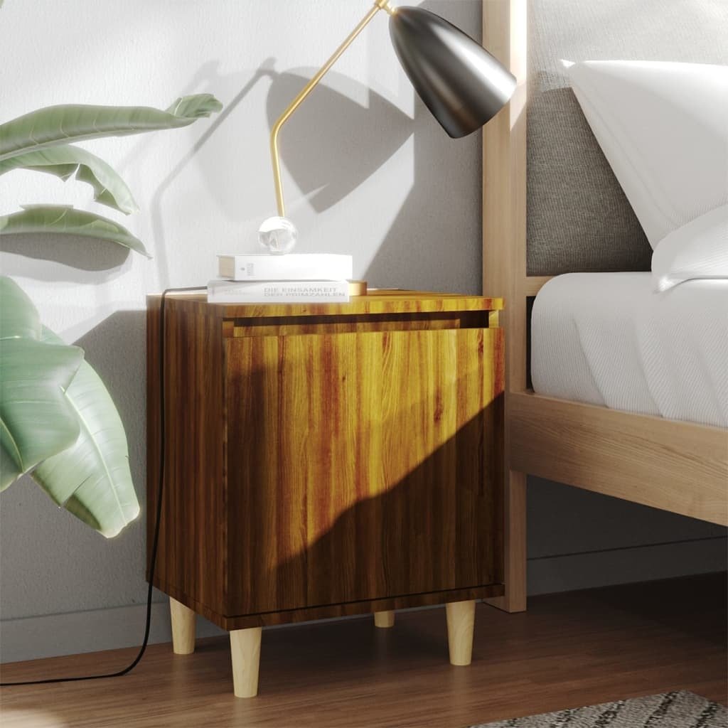 vidaXL Stolik nocny z nogami z litego drewna o wyglądzie brązowego dębu 40x30x50cm - Stolik nocny - Szafka nocna - Stolik boczny