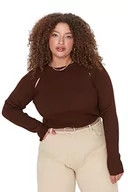 Bluzy damskie - Trendyol Damska bluza z okrągłym dekoltem, jednokolorowa, regularna, plus size, brązowa, 5XL, Brązowy, 5XL - miniaturka - grafika 1