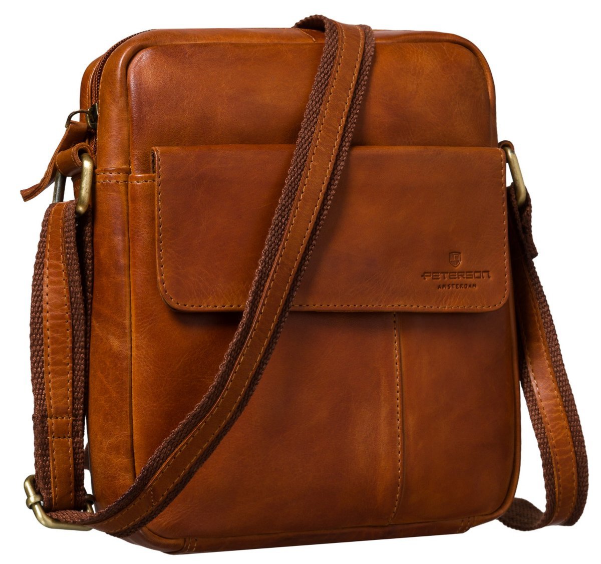 Torba męska mała skórzana na ramię brązowa PETERSON listonoszka na suwak saszetka crossbody