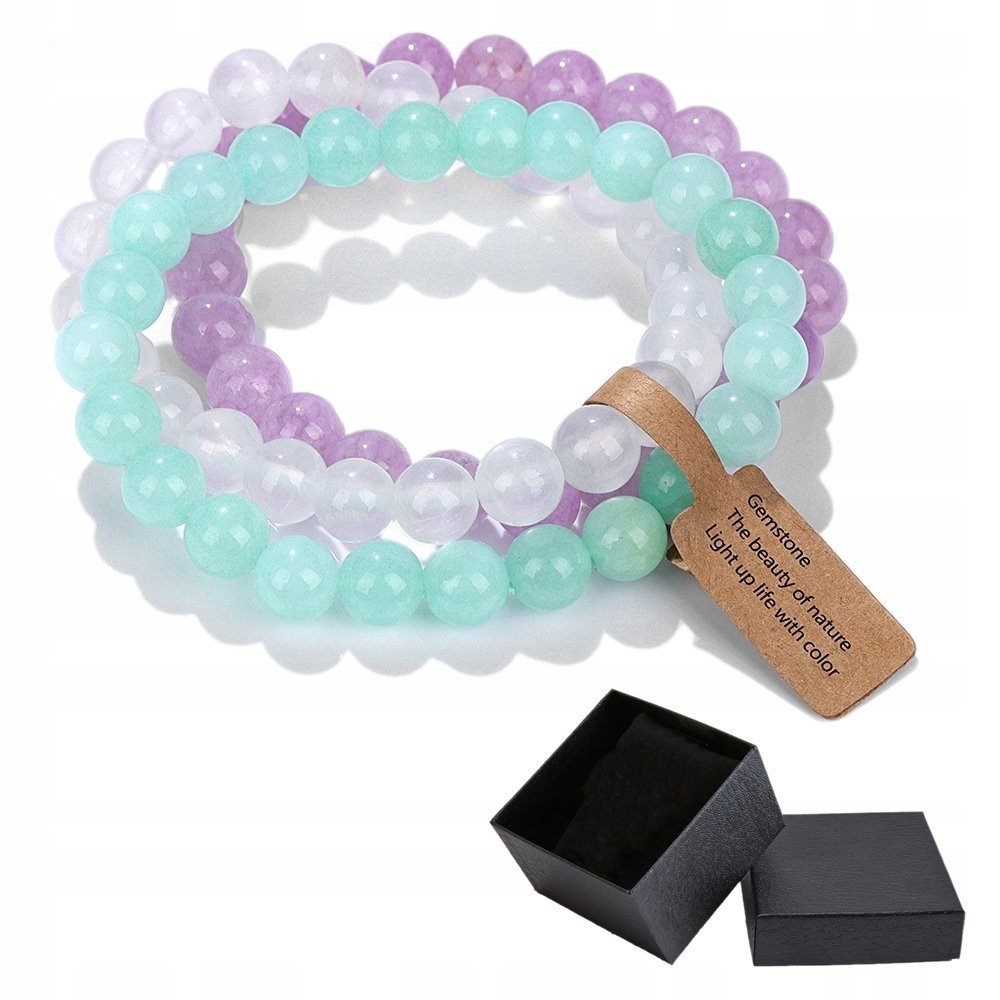Zestaw 3 Bransoletki 8mm Kamień Naturalny Zielony Biały Fioletowy Chalcedon
