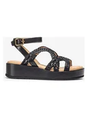 Sandały damskie - Unisa Skórzane sandały w kolorze czarnym na koturnie - miniaturka - grafika 1