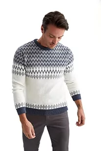 DeFacto Męski sweter z dzianiny z długim rękawem, okrągły dekolt, slim fit dla mężczyzn, topy (indygo, L), indygo, L - Koszulki męskie - miniaturka - grafika 1