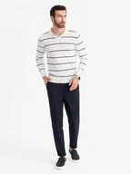 Swetry męskie - Męski longsleeve polo w poziome paski z wiskozą biało-granatowy V2 OM-POLS-0146 - Ombre Clothing - miniaturka - grafika 1