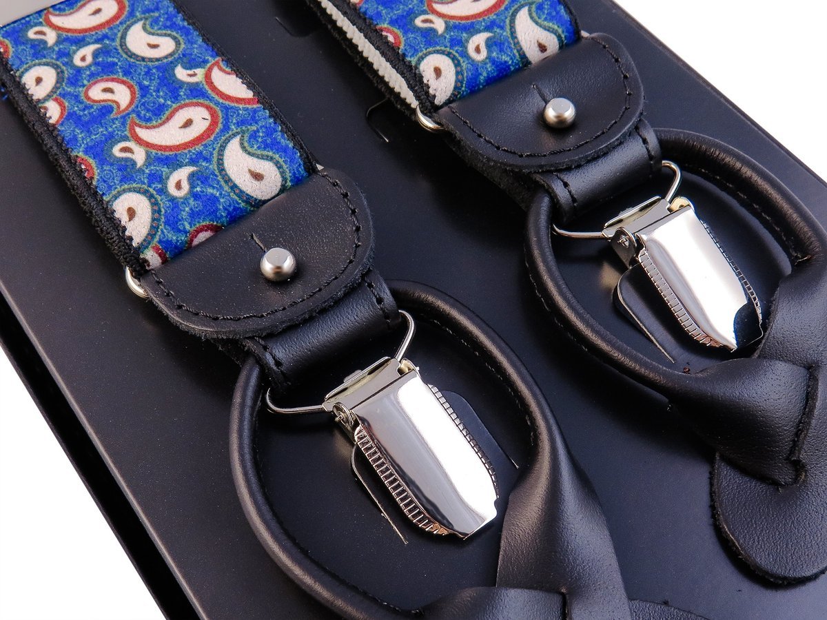 Niebiesko-czerwone szelki we wzór paisley na żabki i na guziki G61