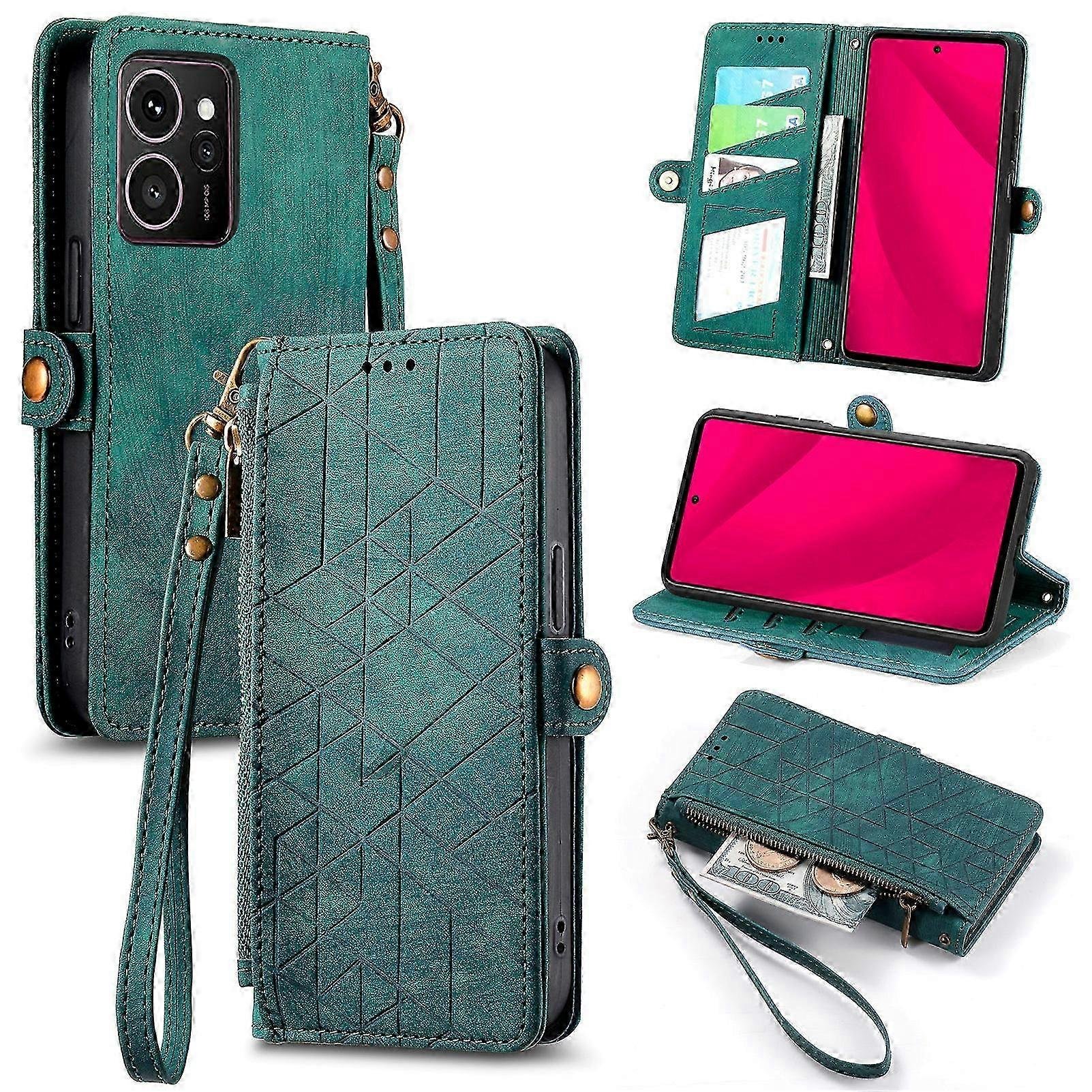 Etui z portfelem HMD Skyline Zipper z geometrycznymi liniami Skórzany pokrowiec na telefon Zielony