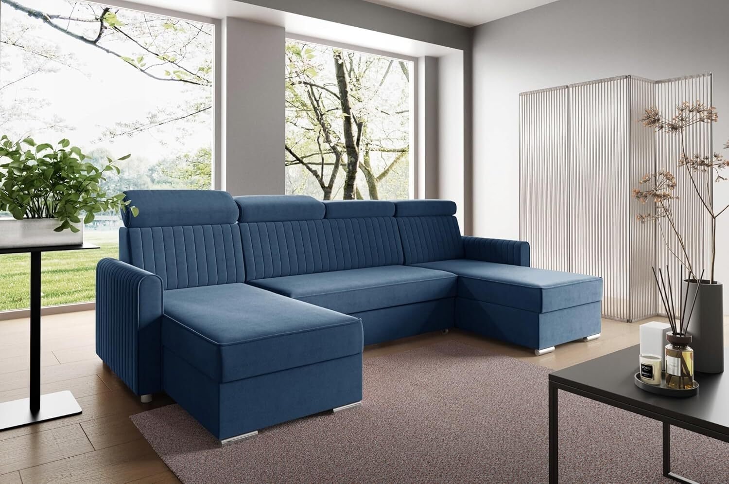 LIKMA Narożnik 274 cm Ciemnoniebieski Rozkładany NELI Kształt U z Funkcją Spania (254x125 cm) i Pojemnikiem na Pościel Sofa z Regulowanymi Zagłówkami