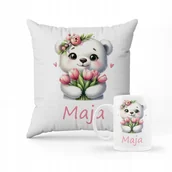 Gadżety dla niej i dla niego - ZESTAW PODUSZKA + KUBEK Prezent biały miś + IMIĘ - miniaturka - grafika 1