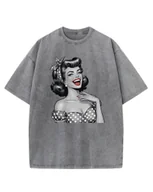 Koszulki i topy damskie - Koszulka oversize efekt sprania Vintage Kobieta Lata 50 szary M - miniaturka - grafika 1