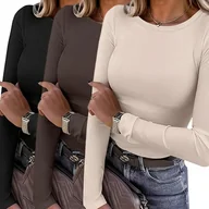 Bluzki damskie - TEMU 3 szt. Damskie Bluzy z Długim Rękawem - Jednokolorowe Czarne/Brązowe/Beżowe Oversize Bluzy z Okrągłym Dekoltem, Średnio Elastyczne Casualowe i - miniaturka - grafika 1