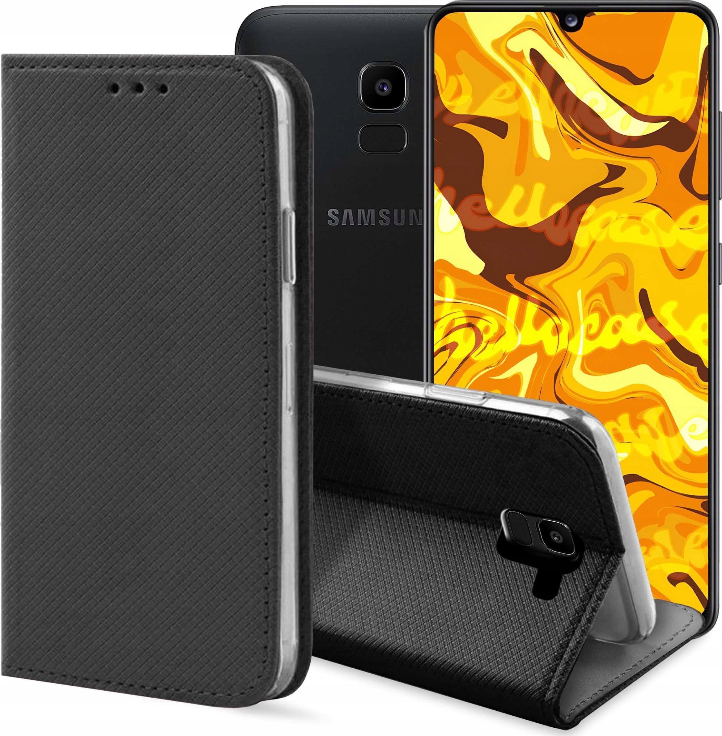 Hello Case ETUI Z KLAPKĄ DO SAMSUNG GALAXY J6 2018 CZARNE ZAMYKANE MAGNETYCZNE KABURA