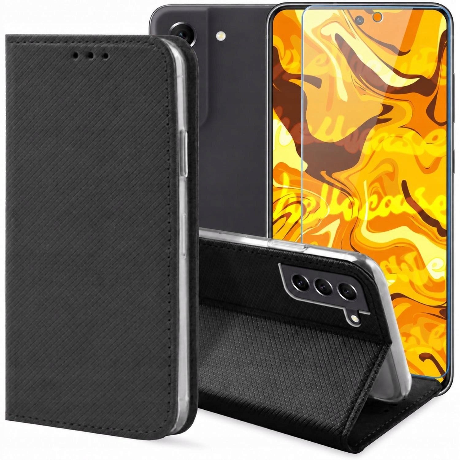 Hello Case Etui z Klapką Do Samsung Galaxy S21 FE Czarne, Zamykane, Kabura Szkło BNDL0517