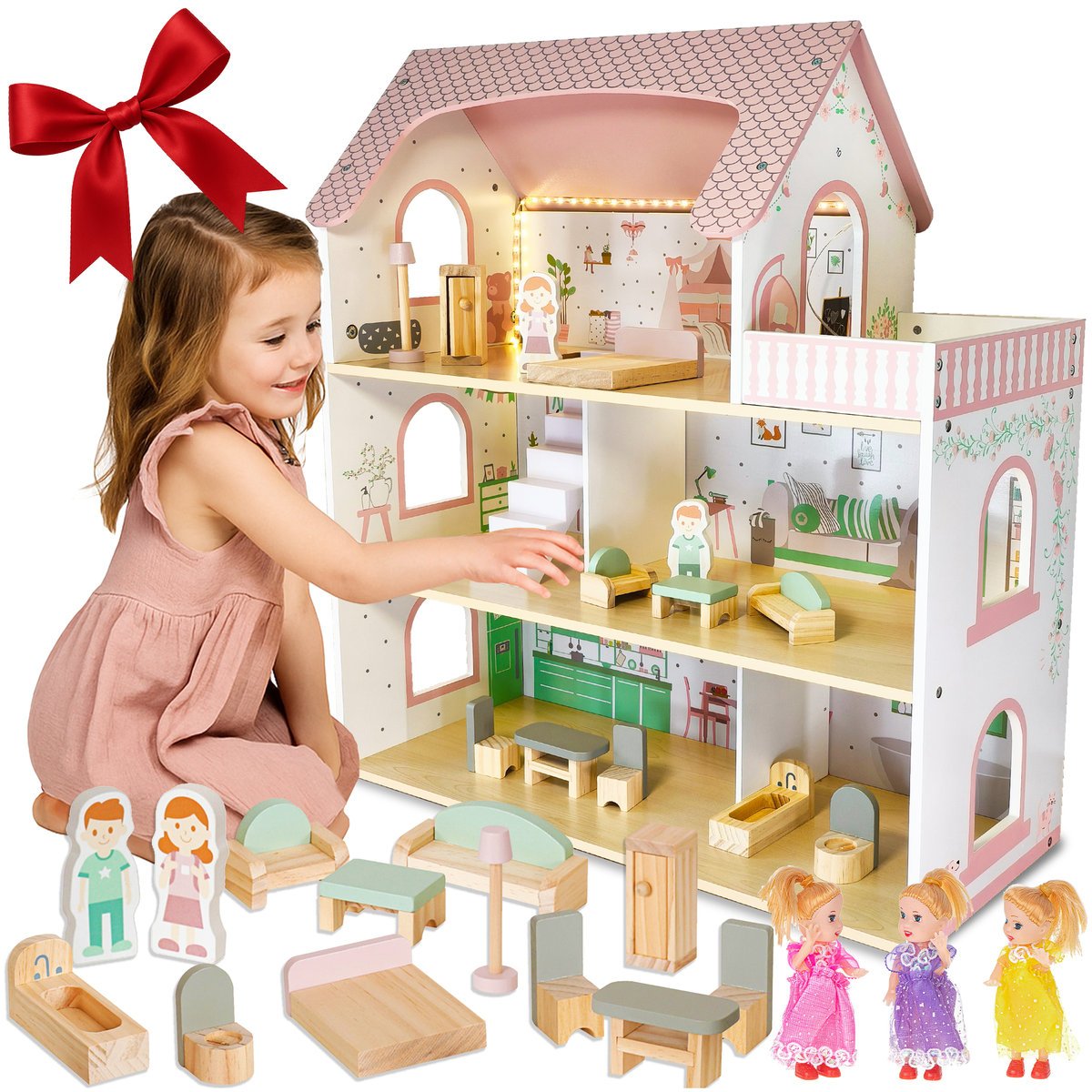 DUŻY Domek Dla Lalek Drewniany LED Pastelowy 3 Poziomy Laleczki Mebelki