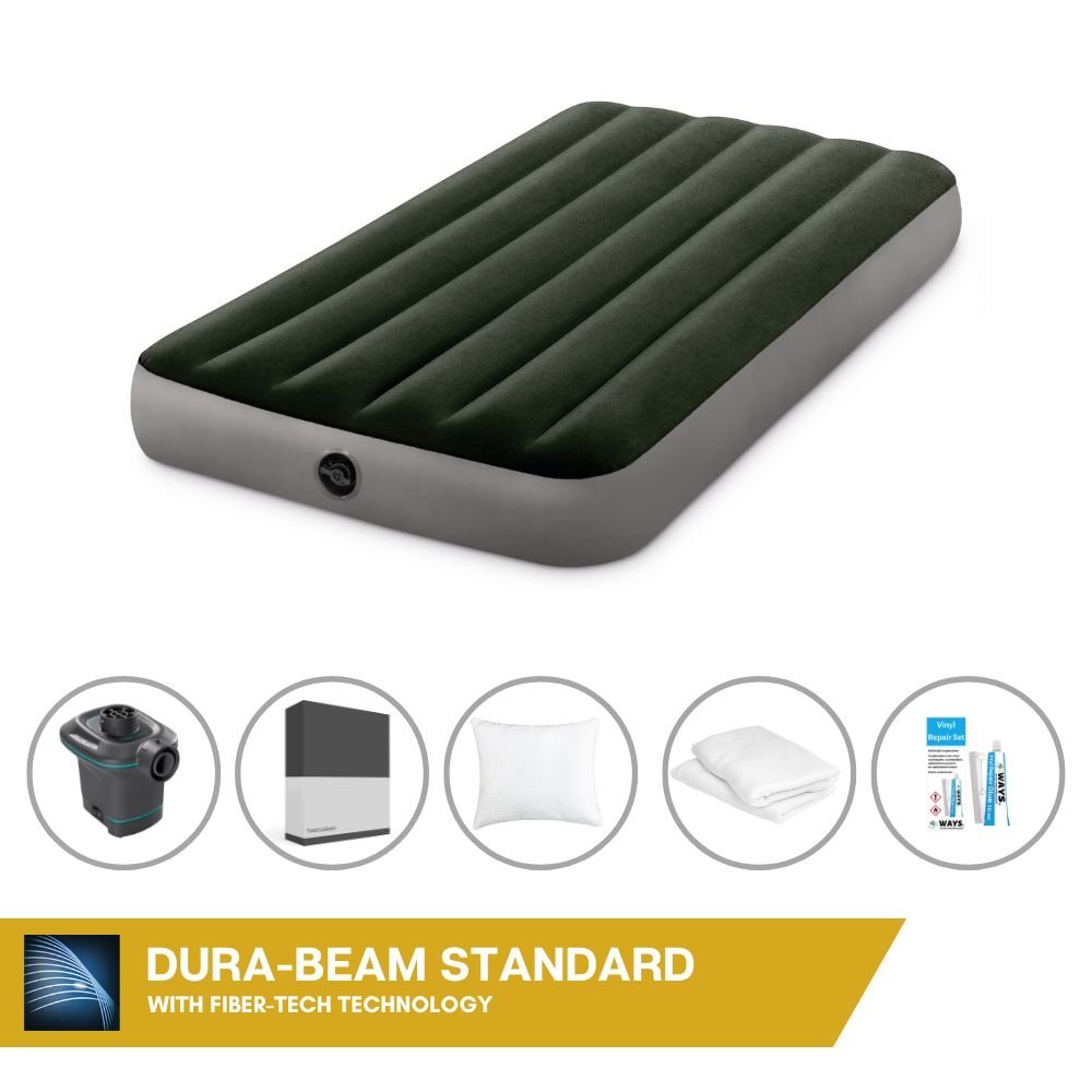 Łóżko dmuchane Intex - 1 osoba - 99 x 191 x 25 cm - zielone + pompka elektryczna Intex - 650 litrów/min + prześcieradło czarne + poduszka + poszewki Molton 2 w 1 + zestaw naprawczy