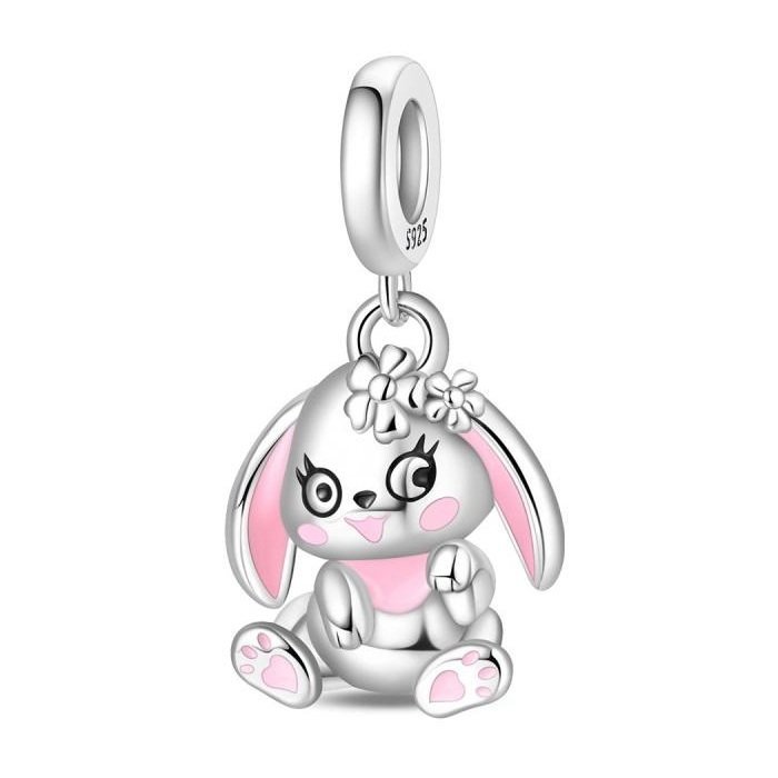 Zawieszka Charms SREBRO 925 Koralik Różowy Króliczek z kwiatkami