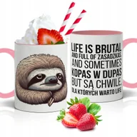 Kubki - KUBEK BIAŁO-RÓŻOWY PREZENT DO PRACY LIFE IS BRUTAL AND FULL ZASADZKAS WZORY - miniaturka - grafika 1