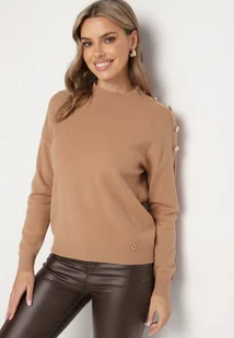 Beżowy Sweter Półgolf z Modalem Wiskozą i Guzikami Emmiala - Swetry damskie - miniaturka - grafika 1