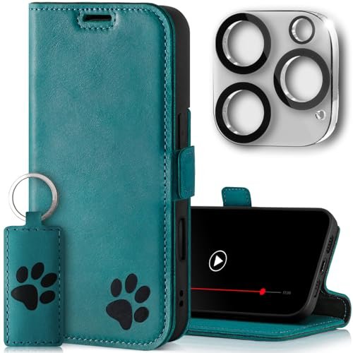 SURAZO Etui na telefon komórkowy Apple iPhone 16 Pro Max, cienkie, z prawdziwej skóry, z motywem łapy, RFID, etui z klapką [funkcja stojaka, przegródka na karty, ochrona aparatu], etui skórzane,