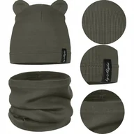 Czapki damskie - CZAPKA + KOMIN komplet DZIECIĘCY z USZKAMI JESIEŃ JESIENNY 42-46 OLIWKA - miniaturka - grafika 1