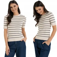 Swetry damskie - SWETER DAMSKI Z KRÓTKIM RĘKAWEM Z WISKOZY BLUZKA GŁADKA MORAJ S ECRU - miniaturka - grafika 1