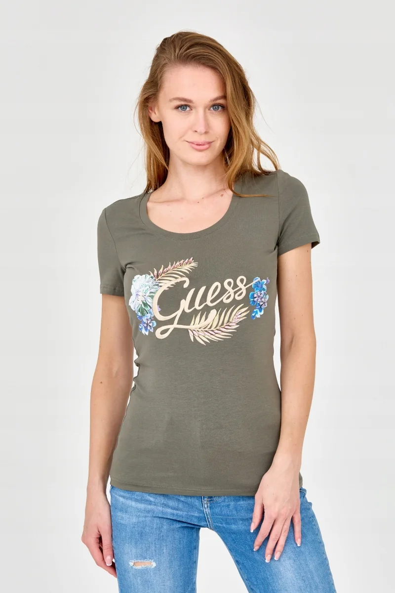 GUESS Damski zielony t-shirt ze zdobionym logo XS