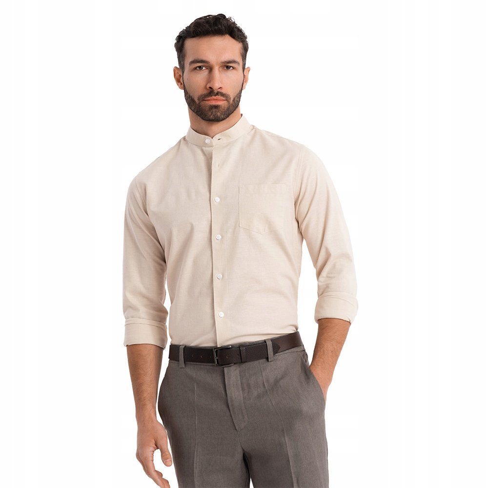 Koszula męska lniana casual regular fit stójka kremowa OM-SHCS-0161 V3 L
