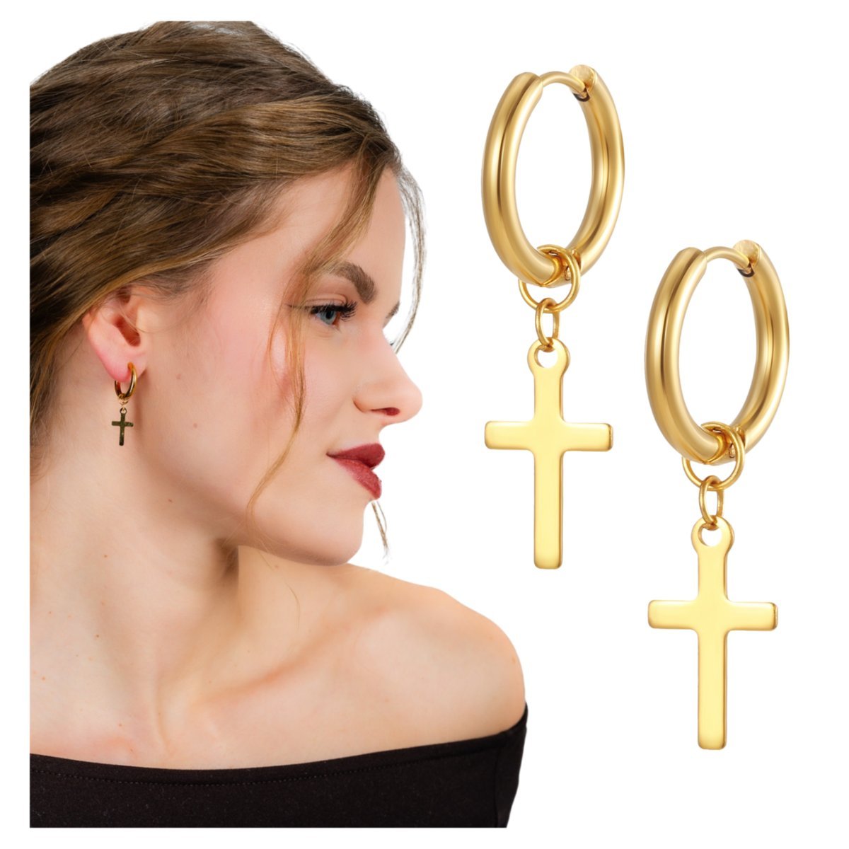 Kolczyki Długie Złote Wiszące Krzyże ze Stali Chirurgicznej 316L Pozłacane