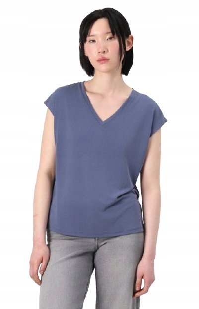 Vila Niebieski T-Shirt z Dekoltem V Miejski Gładki S Kwb