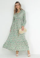 Sukienki - Miętowa Sukienka z Falbanką przy Dekolcie i Szeroką Gumką w Pasie Liyne - miniaturka - grafika 1