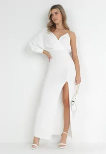 Biała Asymetryczna Sukienka Maxi na Jedno Ramię z Łańcuszkiem Przy Ramieniu Kesilli - Sukienki - miniaturka - grafika 1