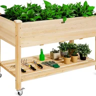 Donice - Podwyższona grządka z półką i rolkami, podwyższona grządka ogrodowa z drewna, skrzynka na rośliny z regulowanymi kółkami i folią maskującą, - miniaturka - grafika 1