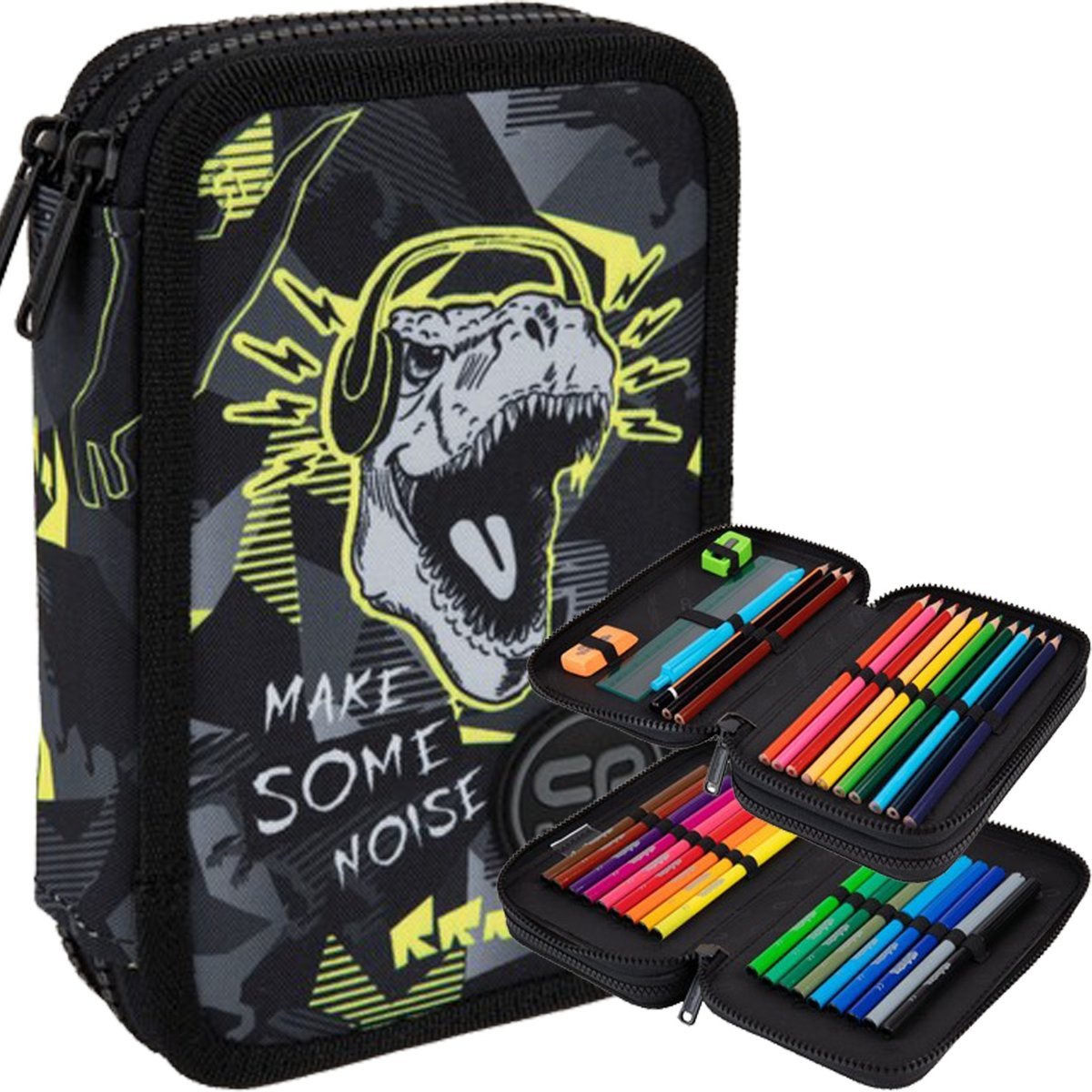 COOLPACK PIÓRNIK SZKOLNY DWUKOMOROWY Z WYPOSAŻENIEM KREDKI PISAKI DINOPARK