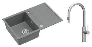 Quadron Unique Zlewozmywak granitowy jednokomorowy 78*50*22 cm z ociekaczem MORGAN 111 SILVER STONE z syfonem Push-2-Open w kolorze stalowym z baterią JENNIFER Q LINE SLIM z wyciąganą wylewką i funkcją prysznica kolor stal szczotkowana - Zlewozmywaki z baterią - miniaturka - grafika 1