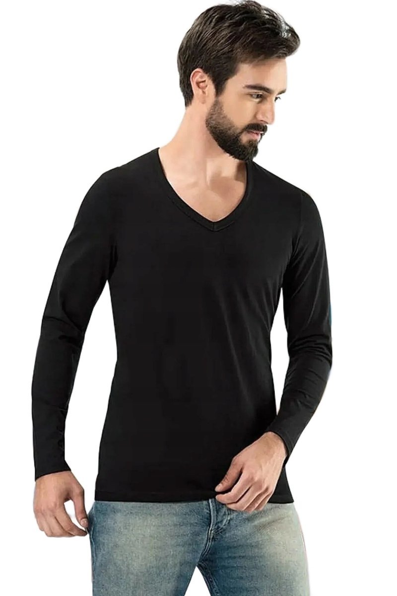 TRENDYOL MAN MĘSKI DŁUGI RĘKAW T-SHIRT Z DEKOLTEM V CZARNY M 5DA
