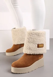 Brązowe Botki na Koturnie z Wywijaną Cholewką i Barankiem Irilaura - Botki damskie - miniaturka - grafika 1