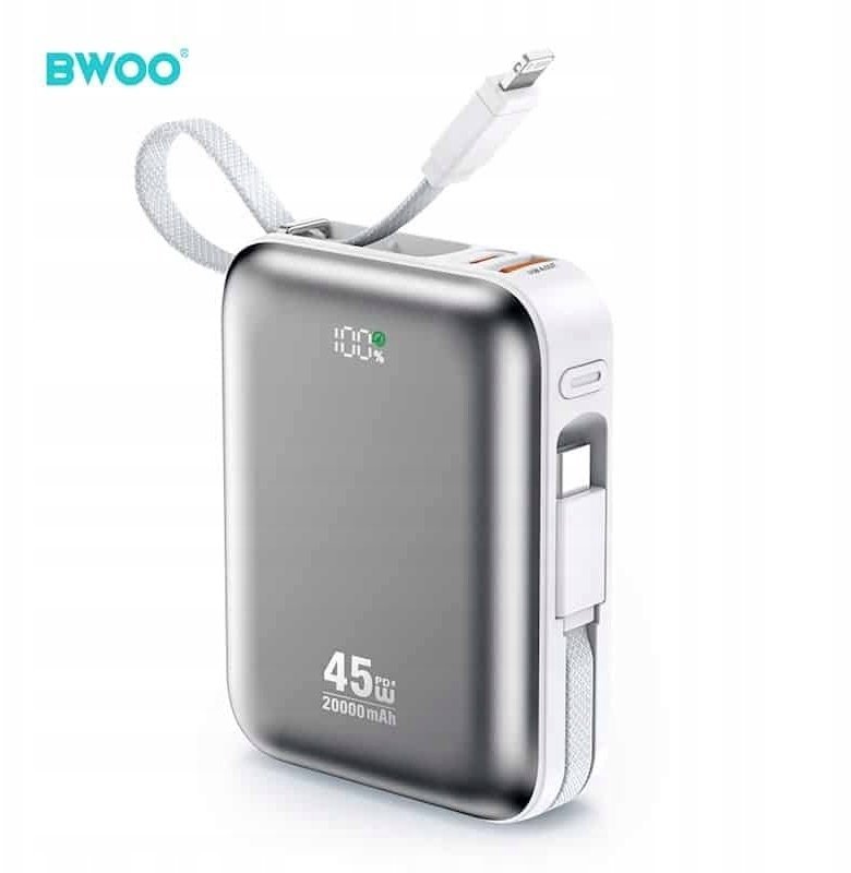 BWOO P78 powerbank 20000mAh szybkie ładowanie PD45W z 2 kablami USB-C i Lightning srebrny