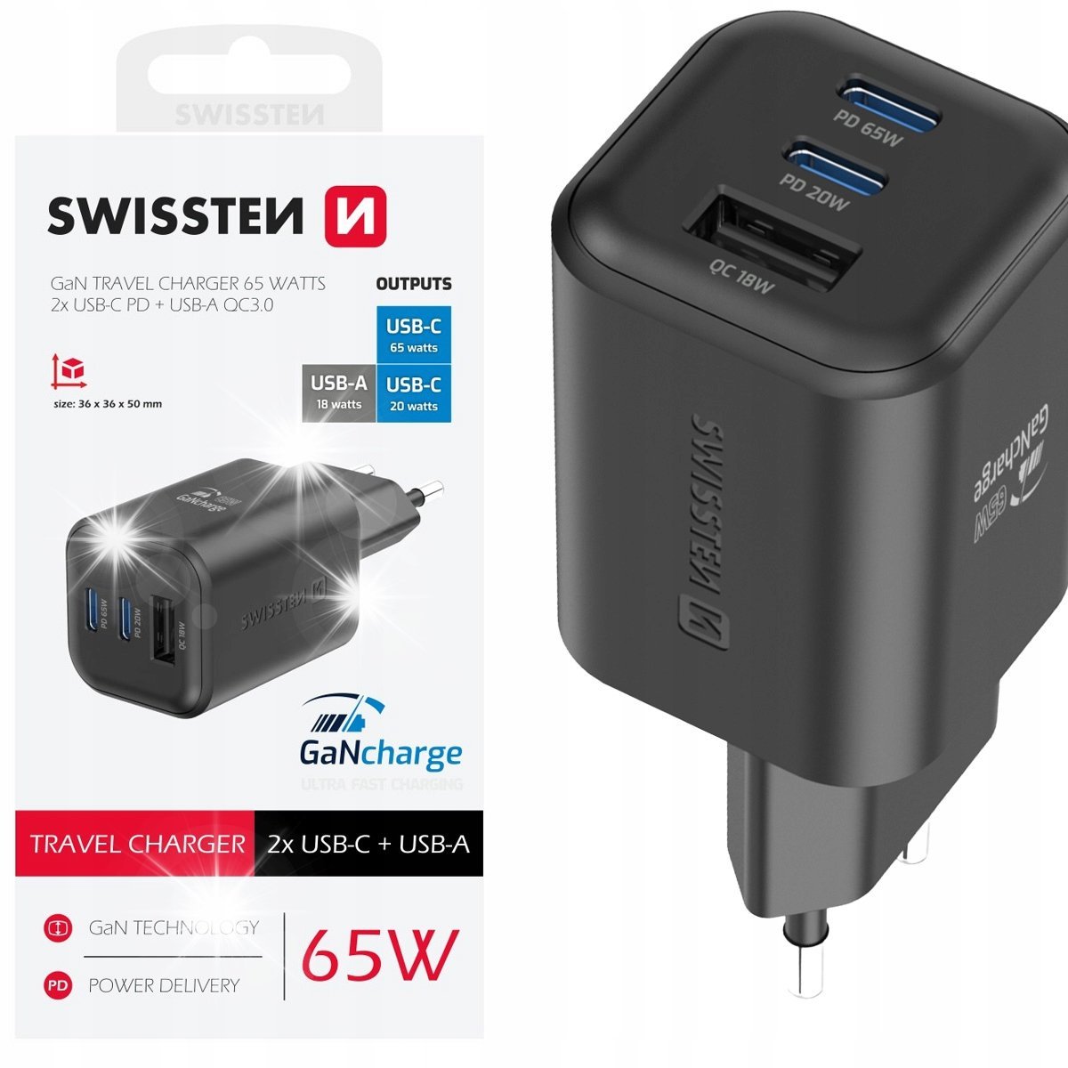 SZYBKA ŁADOWARKA SIECIOWA GaN 65W PD 2x USB-C + 1xUSB-A CZARNA SWISSTEN